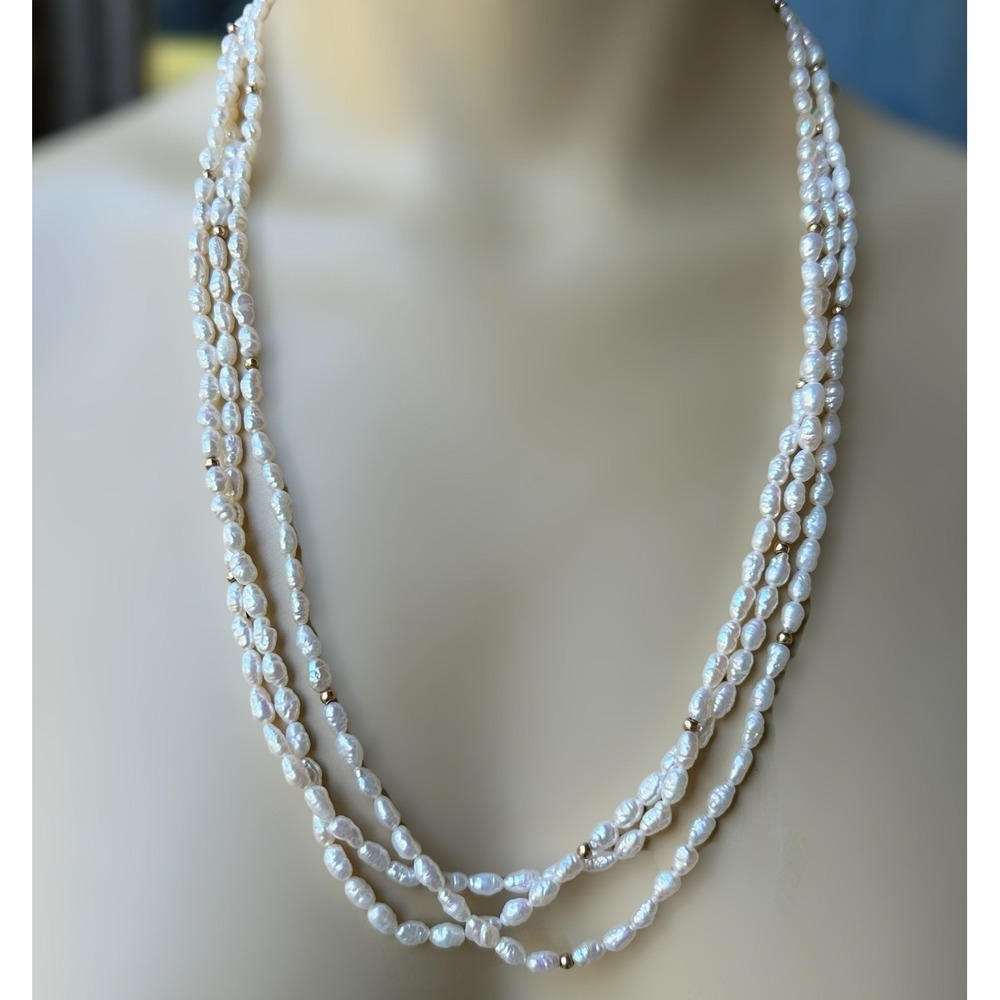 Vintage Three Strand Pearl Necklace‎ 24 Inch Culture 14K Gold Beads Clasp 41.6g